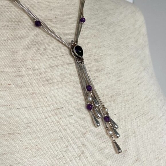 VTG Q.T. Sterling Carlisle Jewelry Amethyst Liquid Silver Tassel Y Necklace - Picture 12 of 16